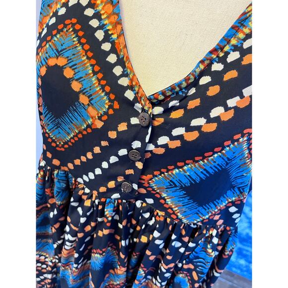 Woman's sz M - Blue Print DRESS - en creme - Open back w lattice - silky polystr - Picture 6 of 6